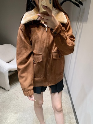 2025新款老钱风美拉德毛领麂皮羊羔绒夹克潮流休闲宽松翻领棉外套