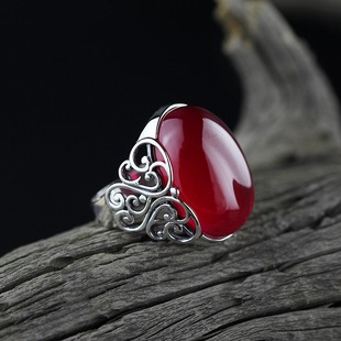 红玛瑙玉髓宝石925复古戒指女皇冠个性开口钻戒送女友送母亲礼物