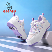 拆卸四轮女孩溜冰鞋 芭芭兔新款 饰运动滑轮鞋 皮面花朵装 女童暴走鞋