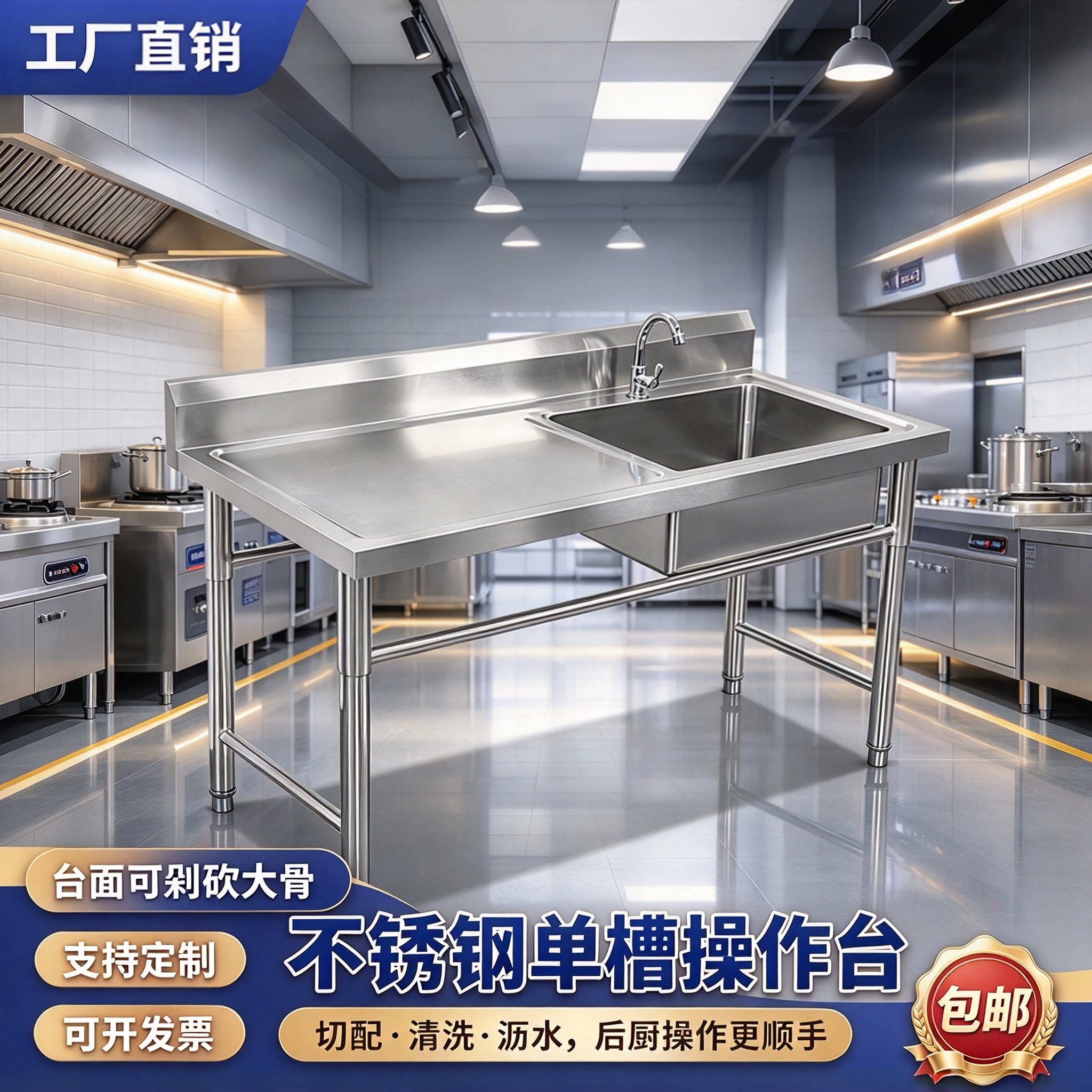 加厚款不锈钢水槽厨房带平台