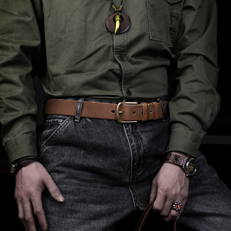 手工纯牛皮男士复古休闲针扣皮带
