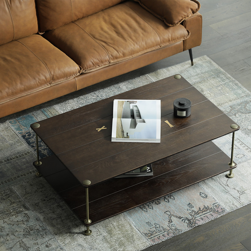 北欧原装进口橡木茶几双层方形简约柜几现代复古金色黑色铸铁茶桌