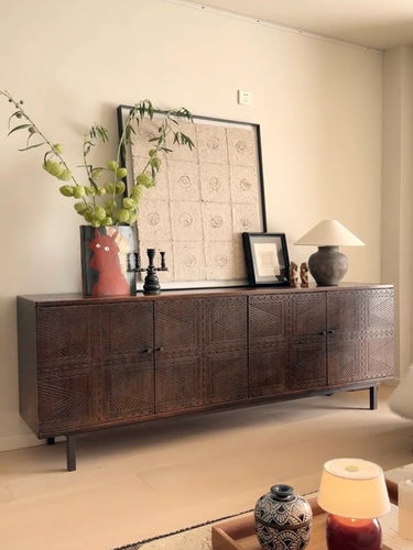 北欧复古做旧雕花全实木餐边柜