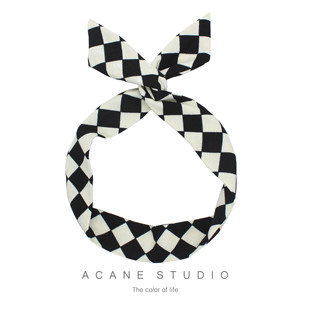 ACANE 灯芯绒黑白棋盘格子个性复古气质小清新文艺兔耳朵发带头饰