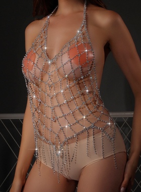 欧美时尚网格流苏身体链水钻女