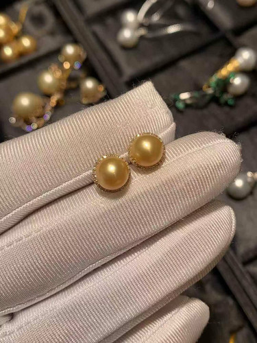 素缘天然珍珠耳钉正圆强光南洋金珠耳饰