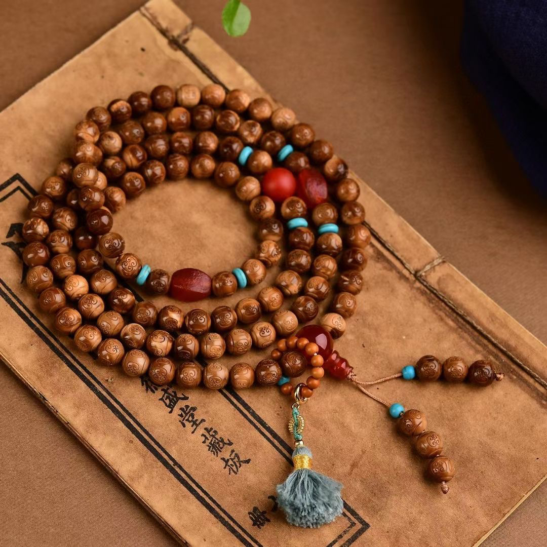 雕刻款库克配红玛瑙老型珠橄榄核雕刻手串佛珠念珠男女款文玩项链