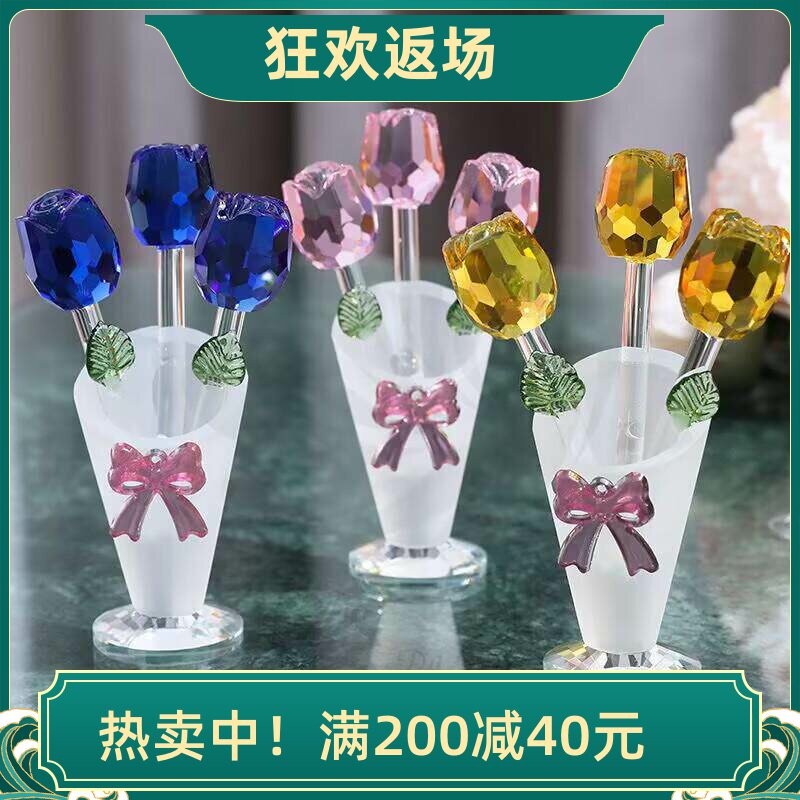 红水晶玫瑰花束摆件花瓶生日礼物