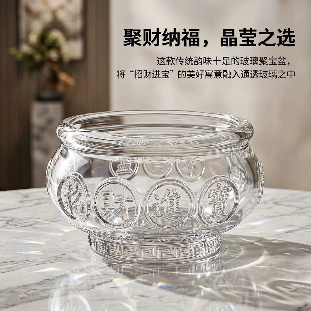 大小号透明白水晶聚宝盆摆件黄水晶福袋家居客厅装饰开业乔迁礼品