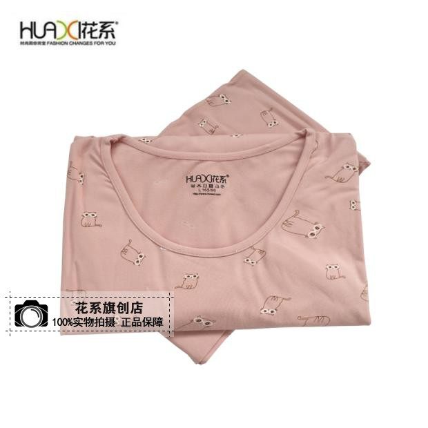 花系正品2019女士可爱猫咪棉拉架亲肤圆领棉毛衫内衣套装30600