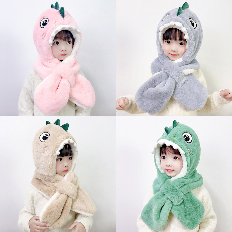 冬季儿童帽子围巾一体帽男女孩宝宝卡通可爱小恐龙保暖护耳毛绒帽,童装/婴儿装/亲子装,多件套 帽子、围巾、手套等组合,淘宝优惠券,粉丝福利购,淘宝优惠卷