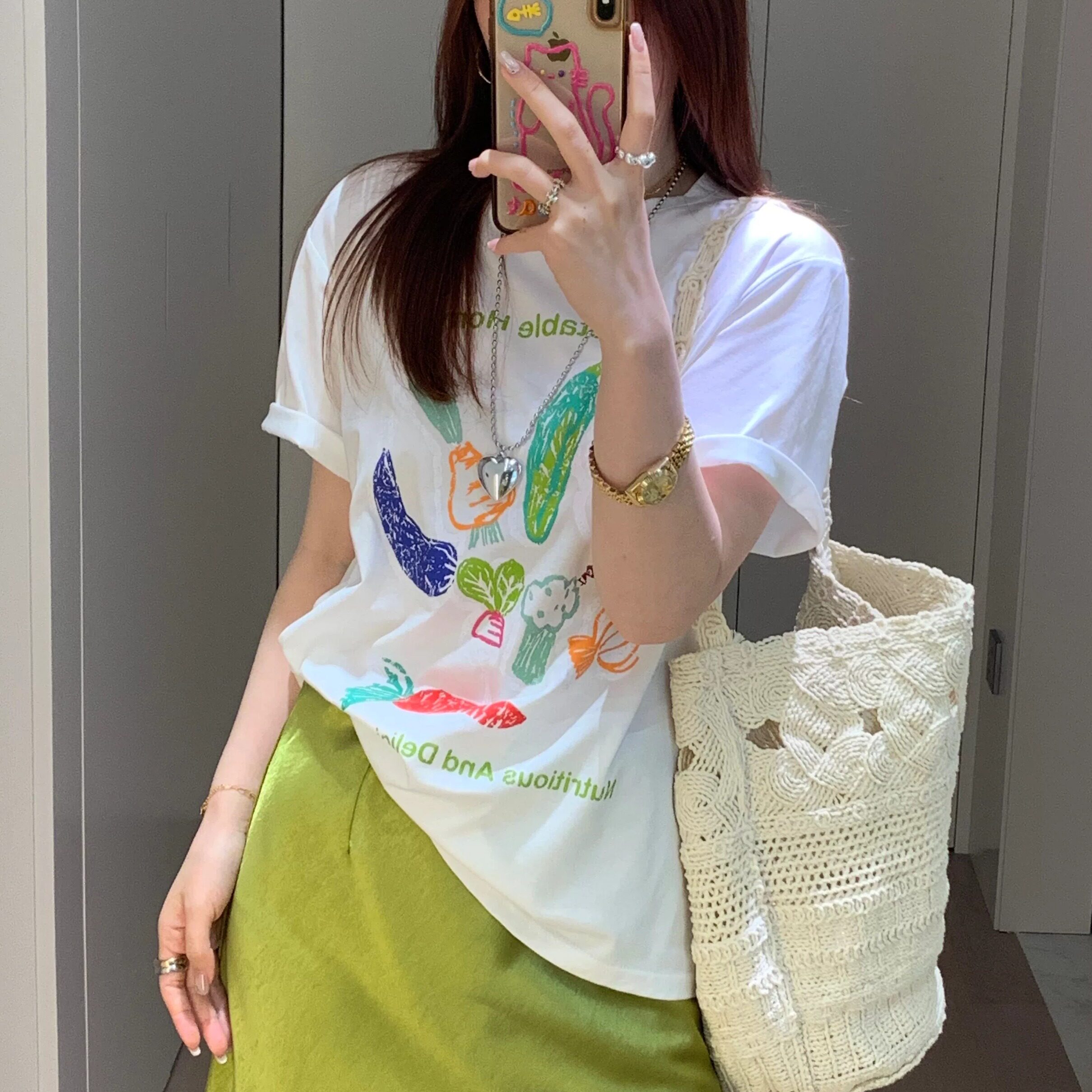 2026新款韩系甜美蔬菜印花圆领宽松短袖T恤女夏季时尚百搭上衣