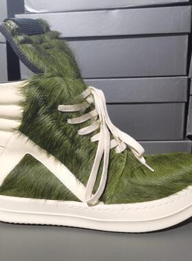 2025新款RO绿色马毛高帮鞋倒三角大码厚底系带真皮欧美时尚潮流