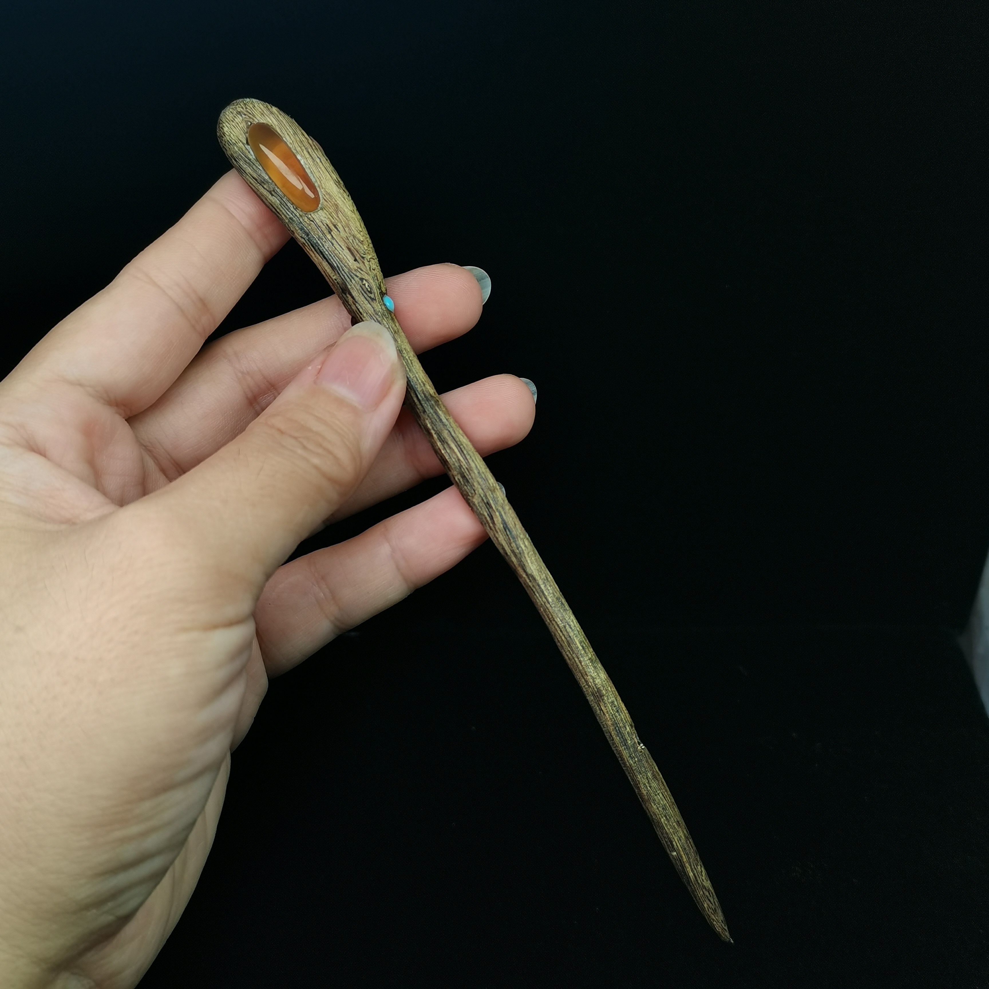 天然抚顺琥珀搭配沉香全手虫漏全工雕刻镂空发簪子古风簪旗袍汉服