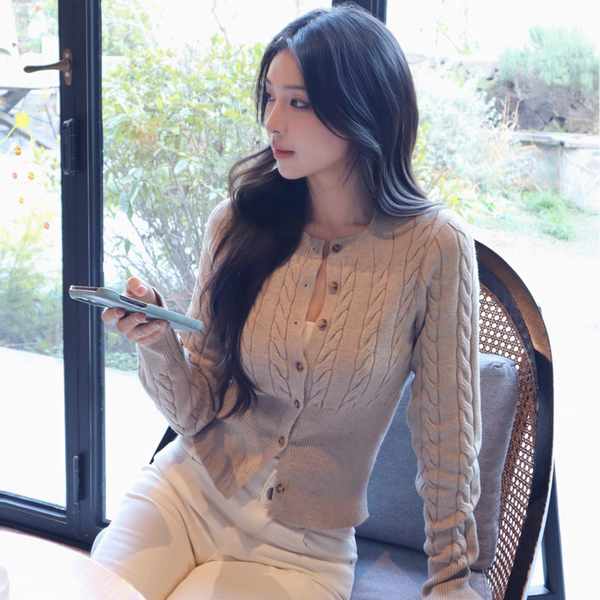 EggLine·绵糖曲奇 圆领绞花修身羊毛针织开衫 气质内搭可外穿女