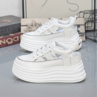 罗马凉鞋 8cm厚底松糕休闲凉鞋 女 夏透气镂空小白鞋 增高8cm包头凉鞋