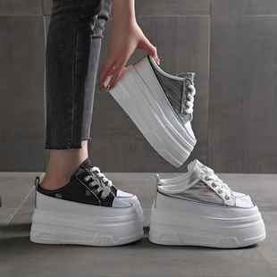 2026帆布小白鞋女厚底内增高10-14CM小个子无后跟懒人鞋半拖鞋女