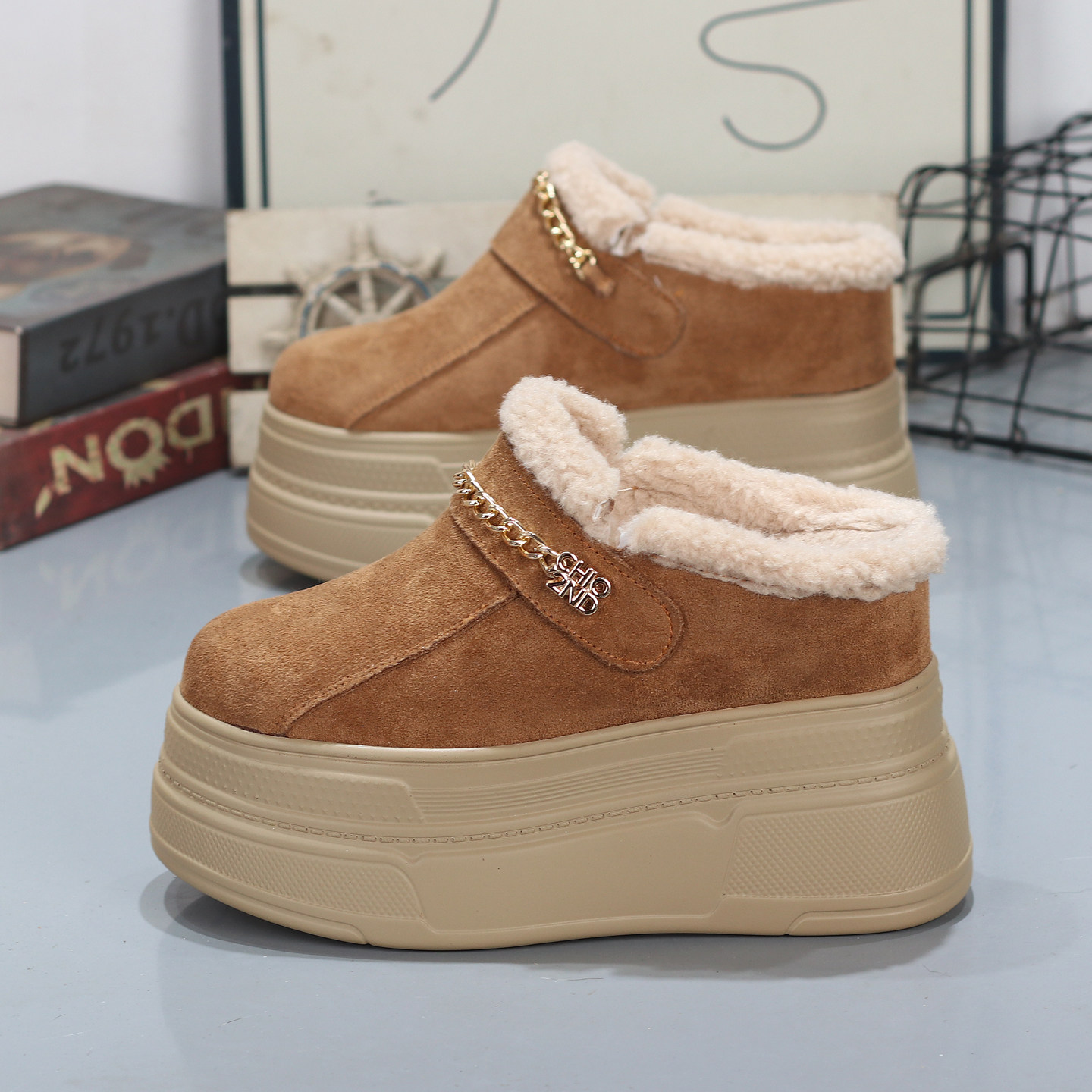 勃肯鞋秋冬加绒包头半拖鞋女厚底内增高11CM无后跟懒人鞋棉毛毛拖