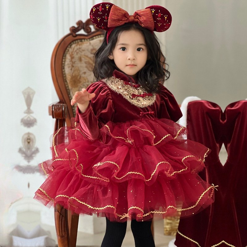 女童连衣裙秋冬季2025新款女宝宝拜年服红色圣诞礼服蓬蓬公主裙子
