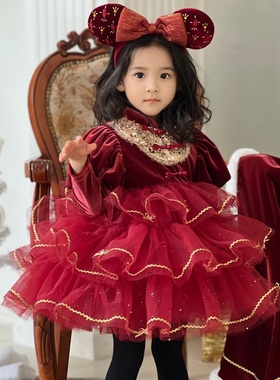 女童连衣裙秋冬季2025新款女宝宝拜年服红色圣诞礼服蓬蓬公主裙子