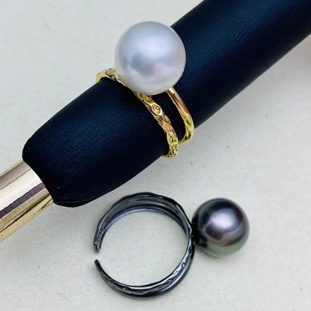 DIY配件天然珍珠S925纯银精工调节光版戒指空托 配6-10mm圆扁珠