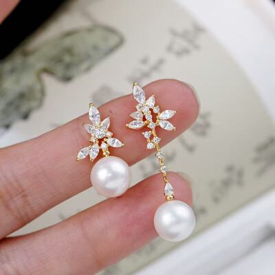 DIY配件天然珍珠S925纯银时尚锆石AB款耳线耳钉空托配8-12mm圆珠