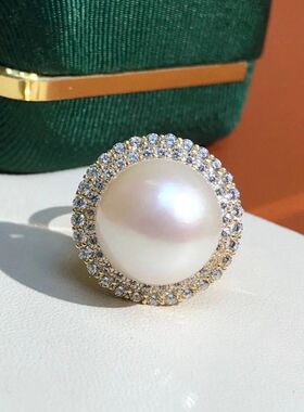 DIY配件天然珍珠S925纯银新款太阳花调节戒指空托配13-14mm圆扁珠