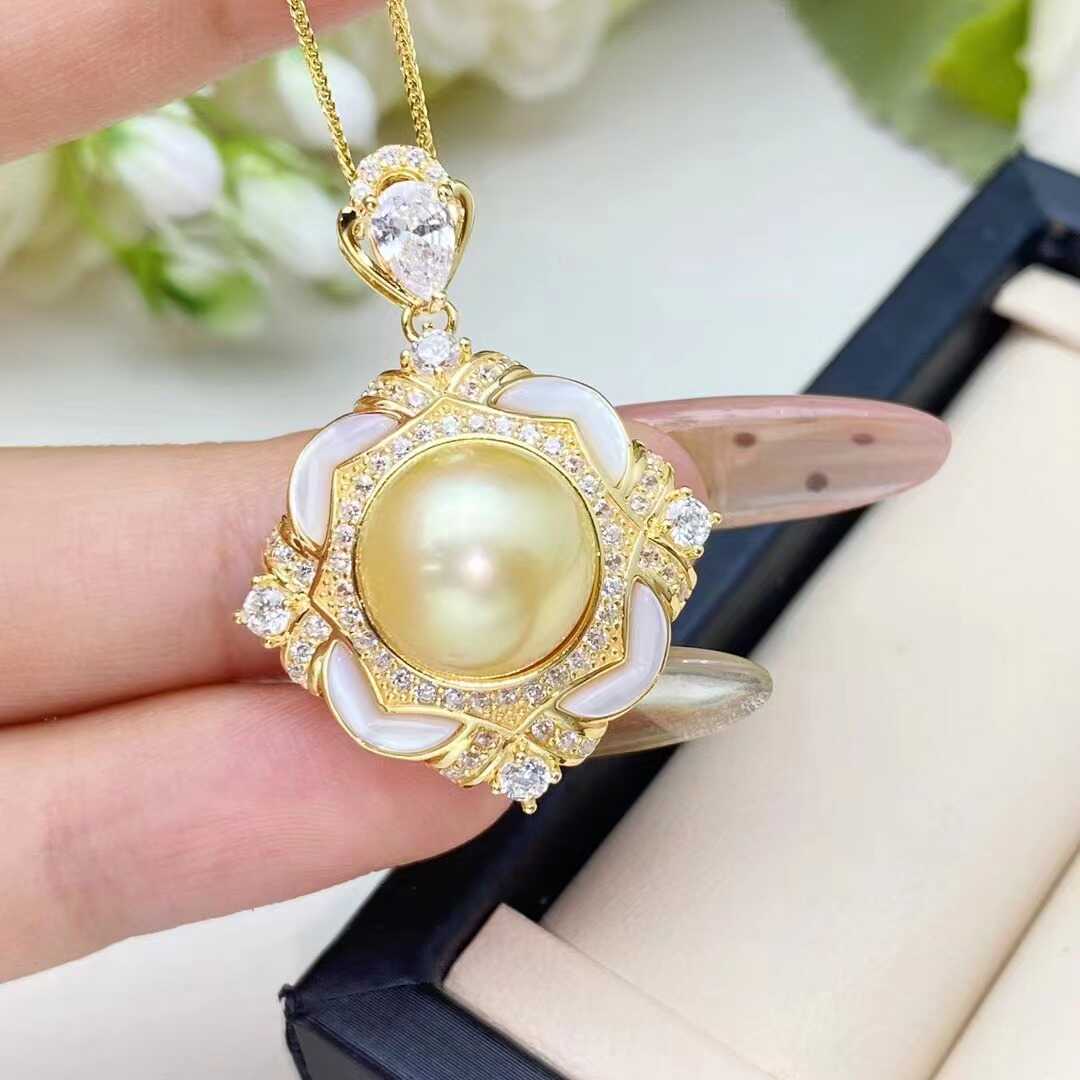 DIY配件天然珍珠S925纯银K金工艺贝母复古吊坠空托配11-12mm圆扁