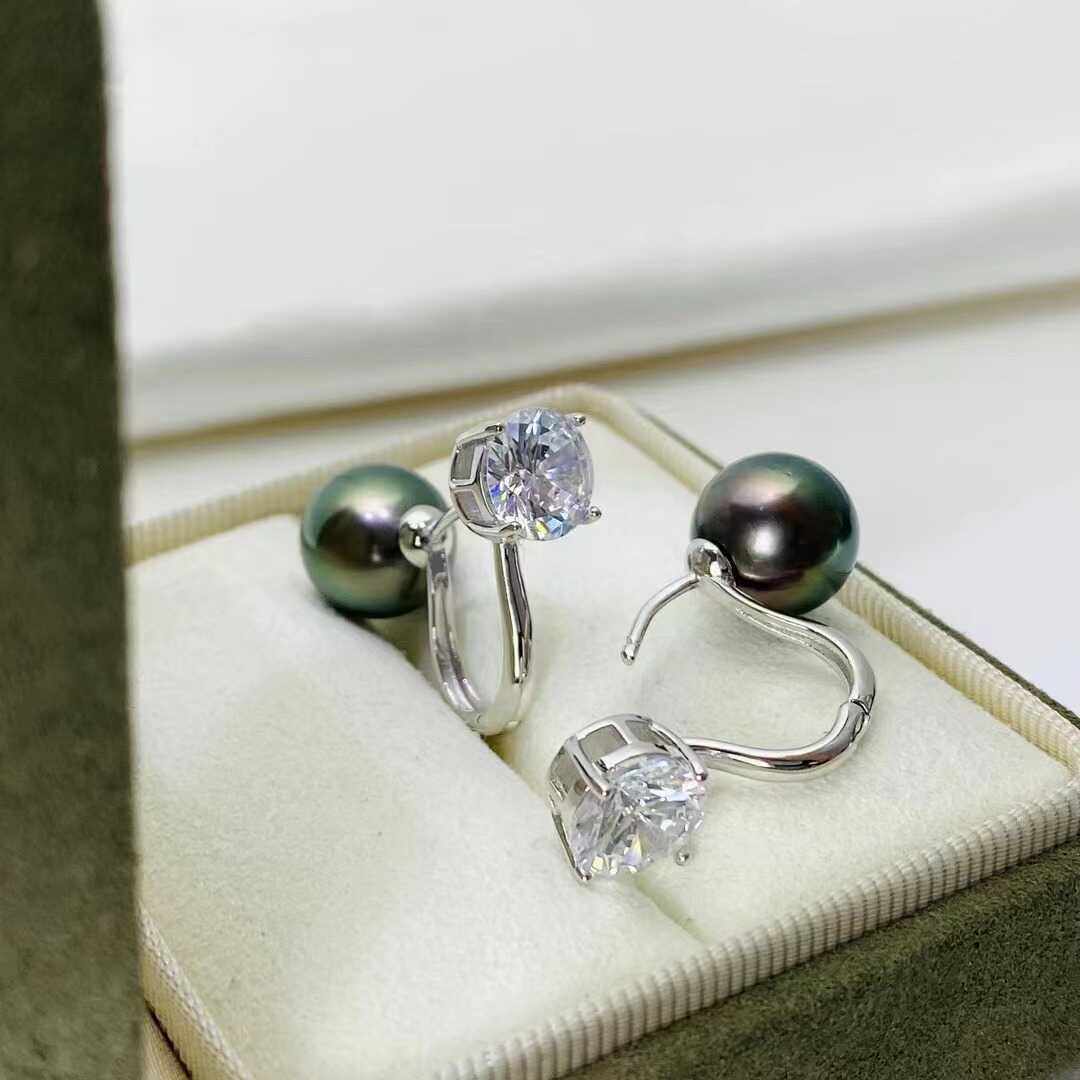 DIY配件天然珍珠S925纯银精工王 妃款单锆石耳扣空托配6-10mm圆珠