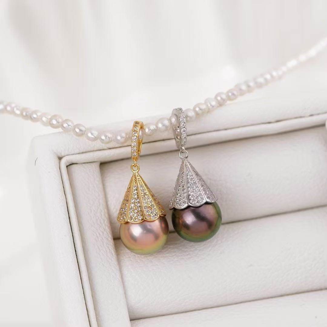 DIY配件天然珍珠S925纯银喇叭款万能扣吊坠项坠空托配11-13mm圆珠