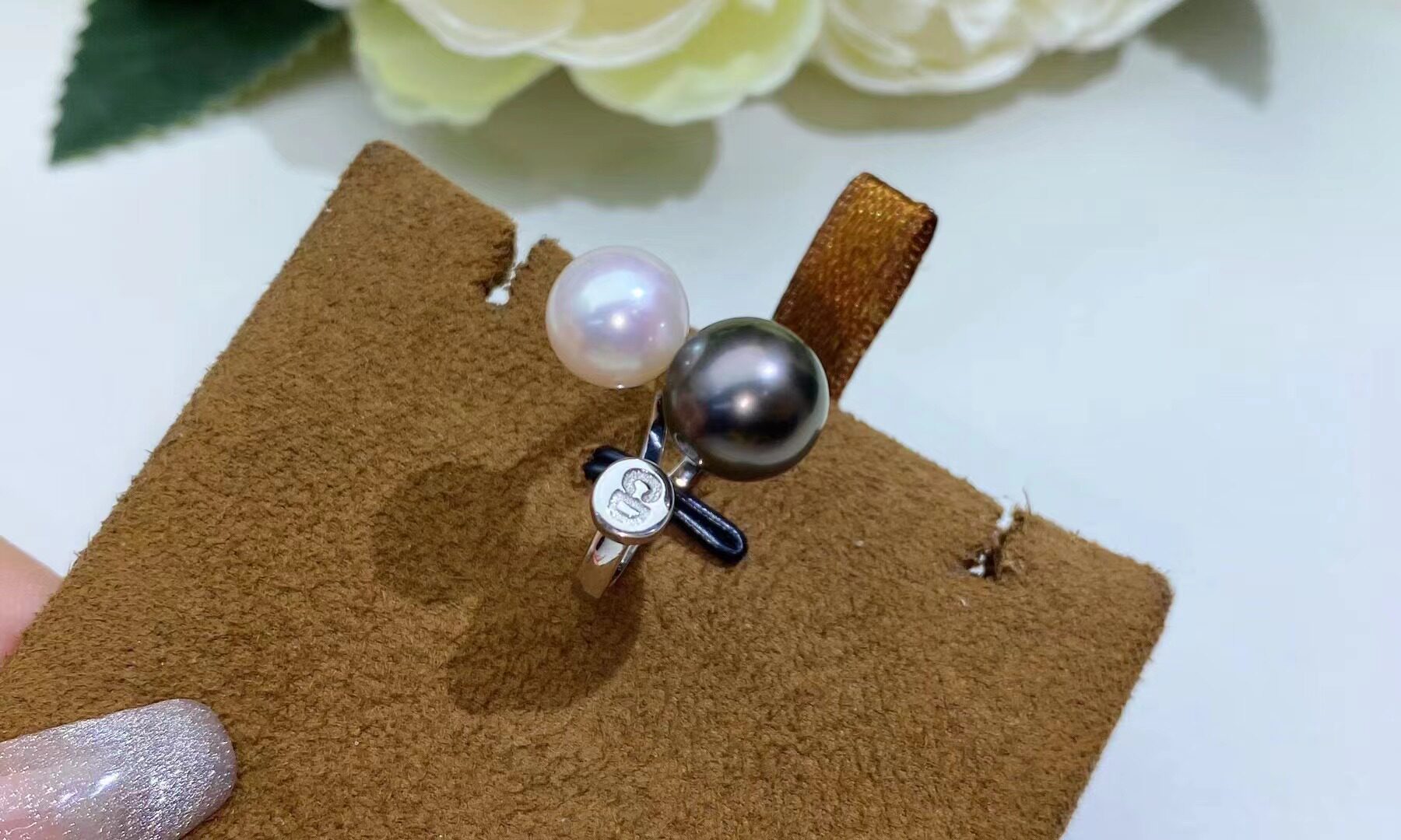 DIY配件天然珍珠S925纯银K金工艺字母CD双珠戒指空托配7-11mm圆珠