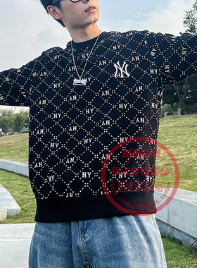 MLB圆领卫衣男女同款春秋款复古老花运动服情侣装套头衫3AMTM0134