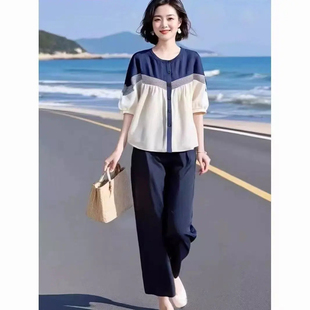 原创设计感撞色拼接宽松衬衫五分短袖夏妈妈松紧腰九分阔腿裤套装