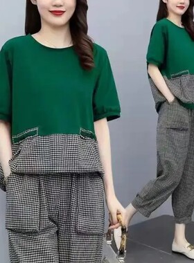 复古格子上衣大码拼接两件套