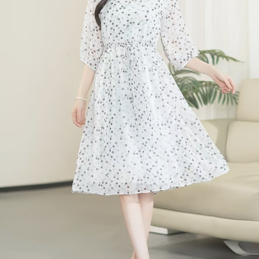 运费补贴（记忆波点）2025年蚕丝扎染印花高腰显高显瘦气质连衣裙