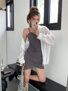 时尚套装2023夏季新款长袖防晒外套加交叉褶皱吊带连衣裙两件套女