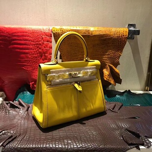 H家琥珀黄色lakis凯莉包28CM swift女士手提包真皮气质奢侈金扣