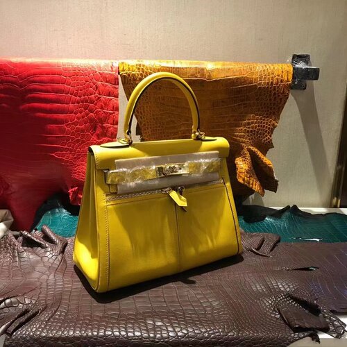 H家琥珀黄色lakis凯莉包28CM swift女士手提包真皮气质奢侈金扣