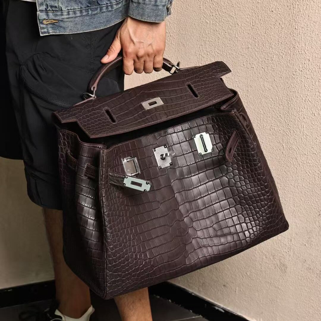 进口哑光湾鳄鳄鱼皮Maxi42乌木色男士手提包凯莉包大号银扣手工包