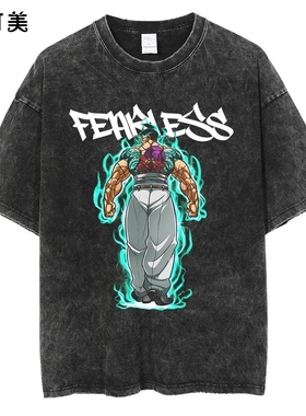 花可美做旧水洗美式JACK HANMA动漫杰克街头潮牌baki复古短袖t恤