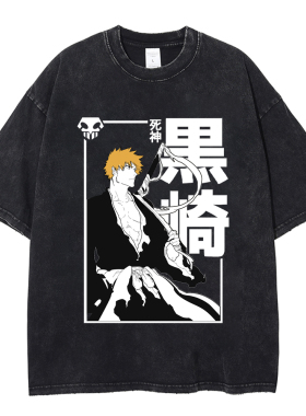 水洗做旧复古T恤Kurosaki Ichigo夏季纯棉短袖原宿街头中性潮男女