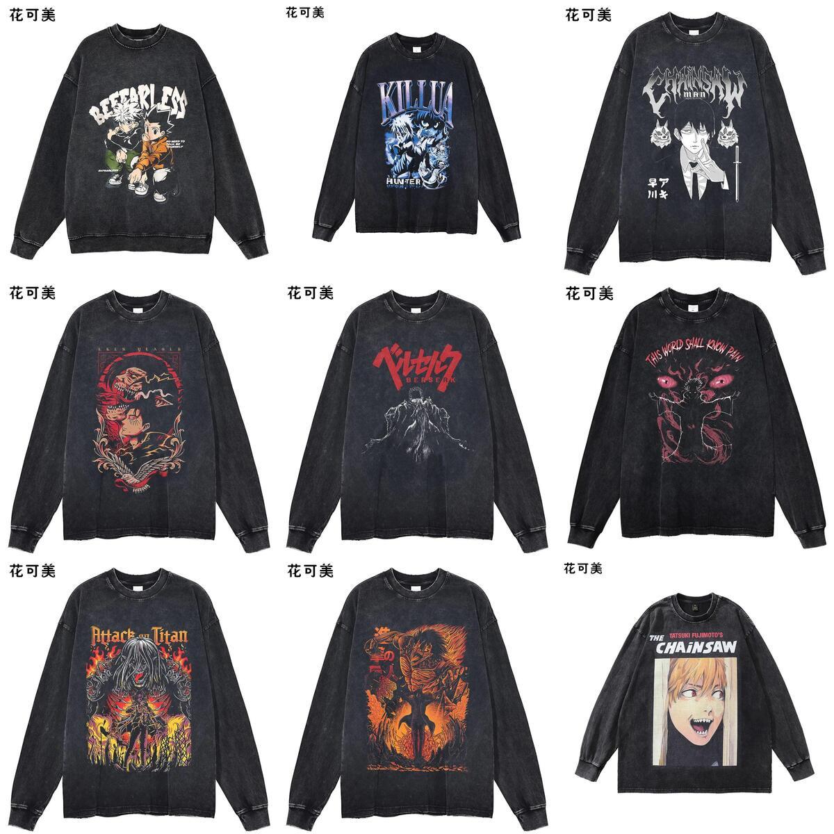 电锯人男女纯棉复古水洗做旧男t恤休闲动漫Harajuku chainsaw man