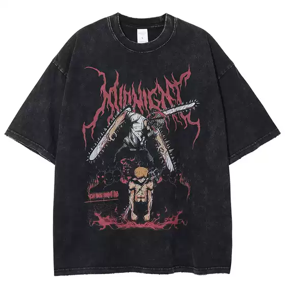 Vintage Washed T-Shirt Anime Chainsaw Man Mens Cotton Summer Short Sleeve Tee Unisex Harajuku Casual Hip Hop Street