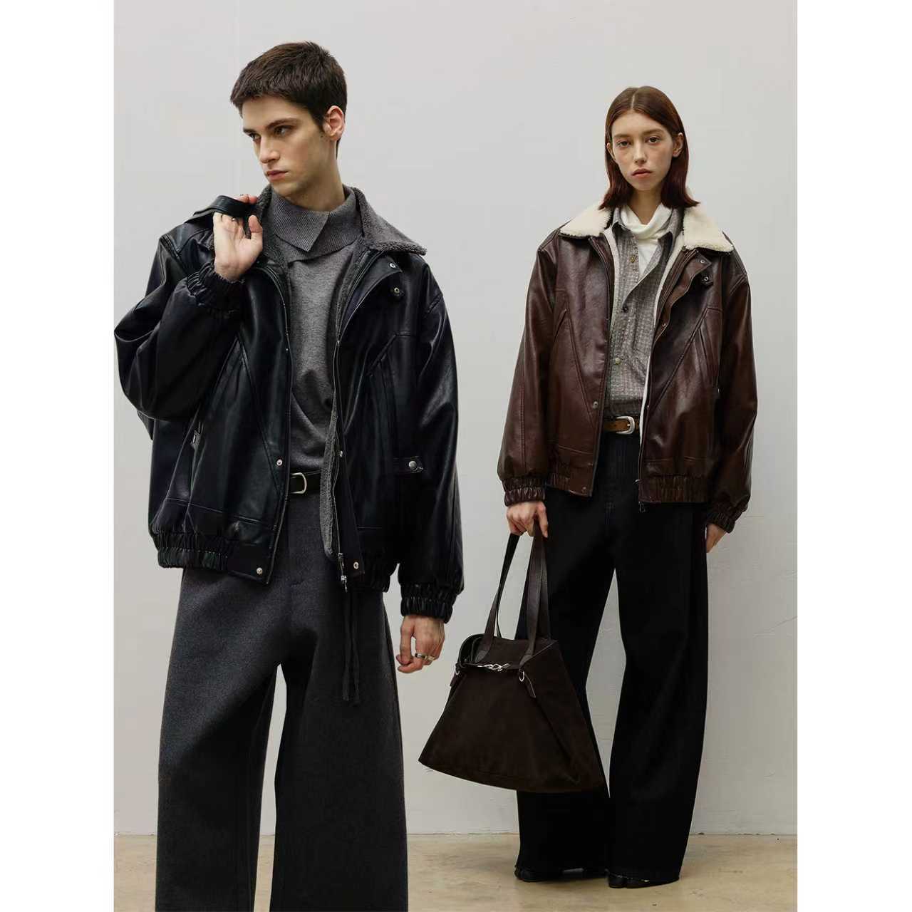 LR MADE 25AW 可拆卸绒领 内里保暖仿羊羔绒 复古PU皮夹克外套