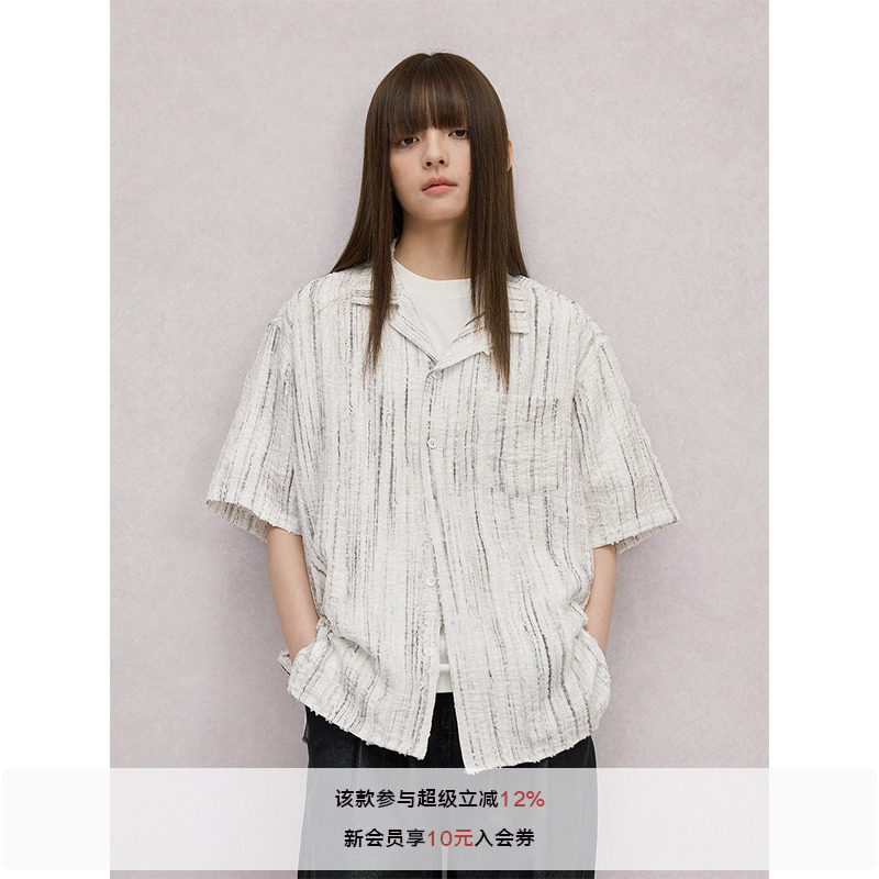 LR MADE 烧花破坏 条纹肌理印花 复古廓形古巴领短袖衬衫