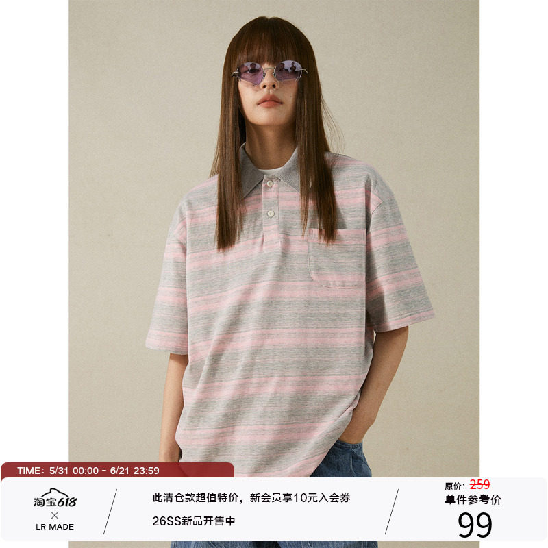 LR MADE 古着感不规则双色条纹 复古口袋翻领短袖休闲polo衫