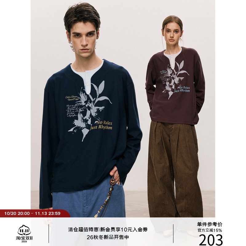 LR MADE 26AW 假两件撞色亨利领 花卉标语图案 肌理长袖印花T恤