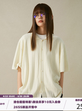 LR MADE 毛织几何肌理镂空 透气仿亚麻 翻领慵懒短袖衬衫