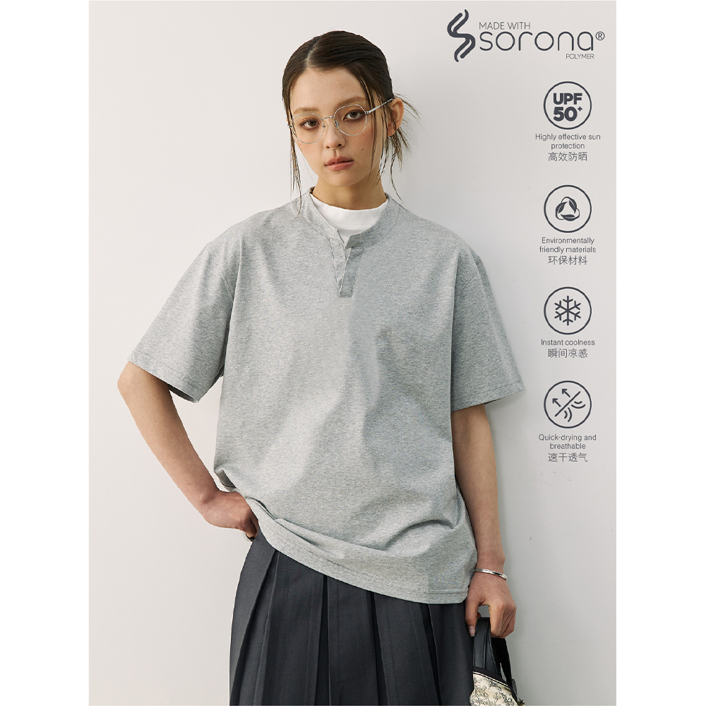LR MADE 25SS Sorona®凉感速干不对称双层领简约假两件短袖T恤
