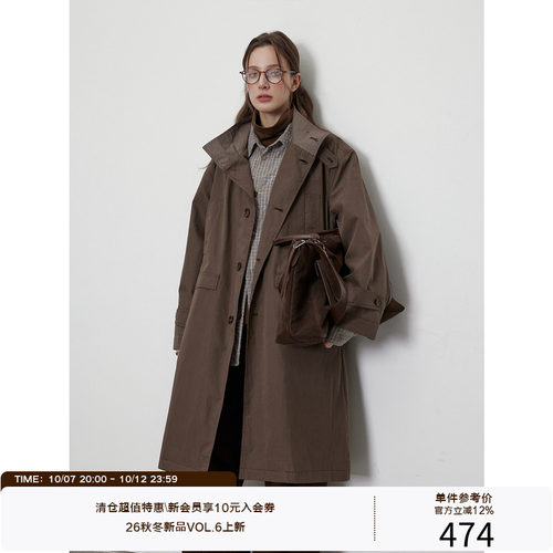 LR MADE 复古立领撞色格纹 慵懒廓形 中长款A字型风衣外套
